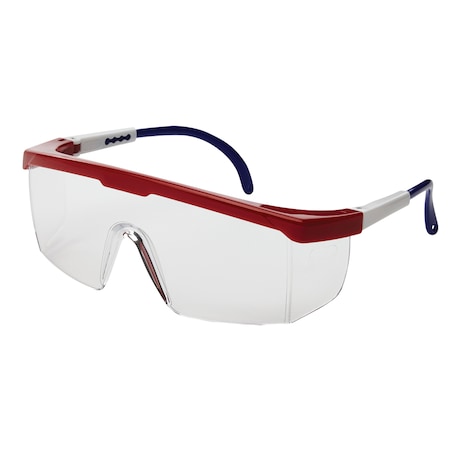 Lightweight Safety Glasses, Clear Lens, Red/White/Blue Frame